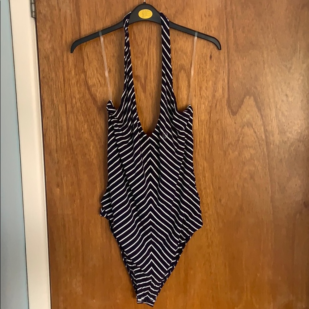 Navy blue white striped bodysuit